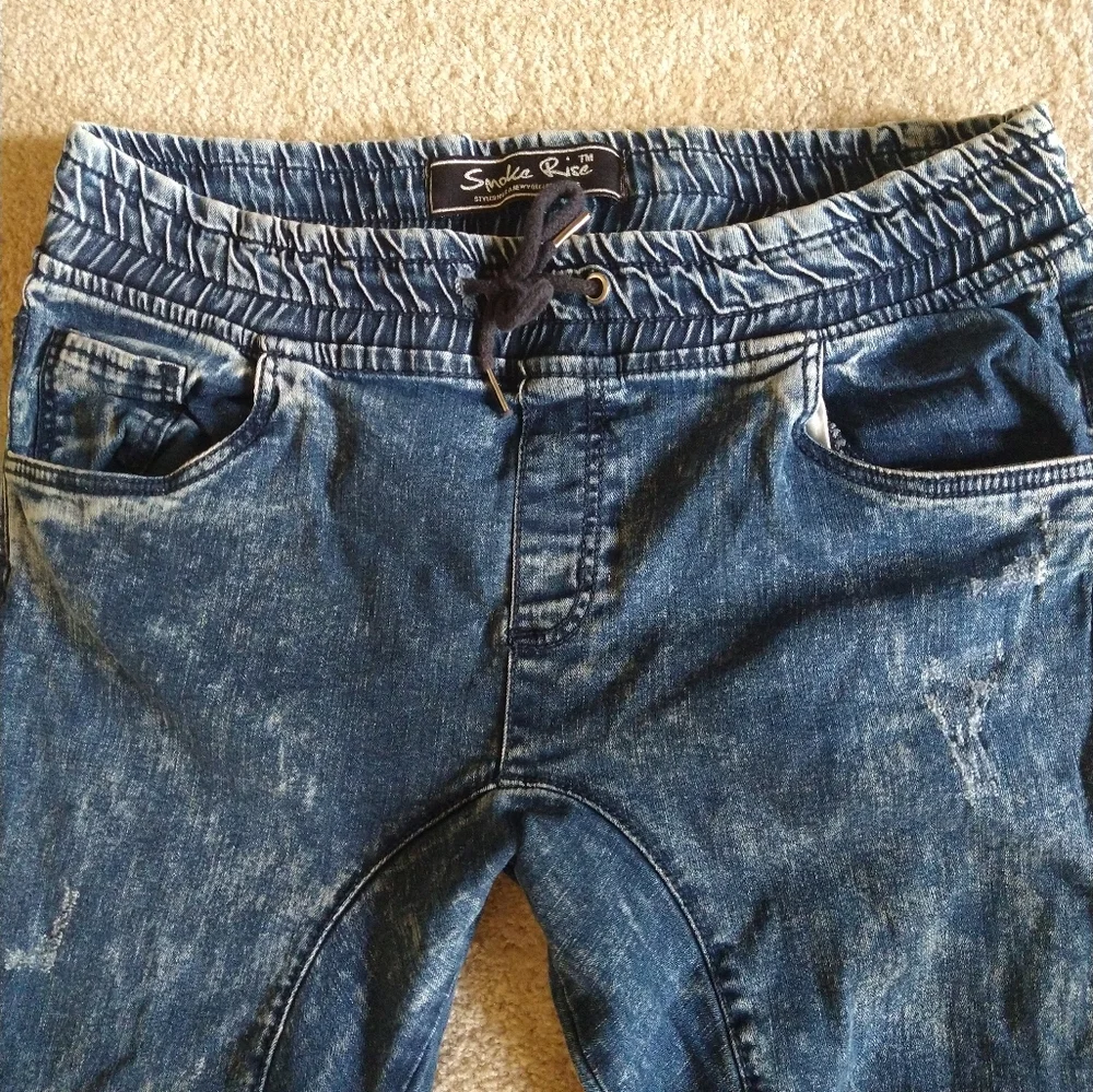 Smoke Rise Jeans Men'38x30 Slim Tapered Fit Distressed Blue Elastic Waist Ham‎